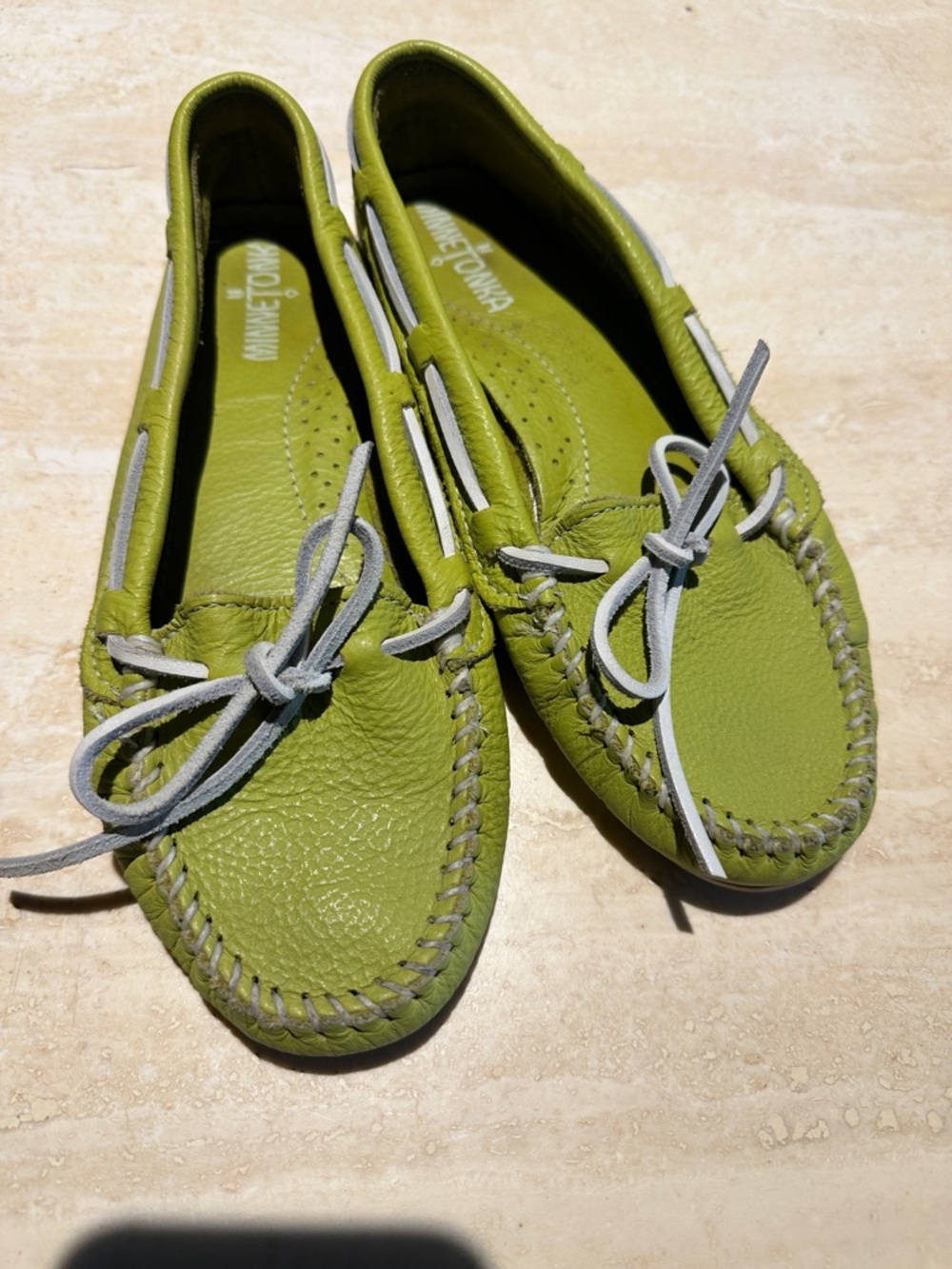 Minnetonka Lime Green Leather Moccasin with White Lacing